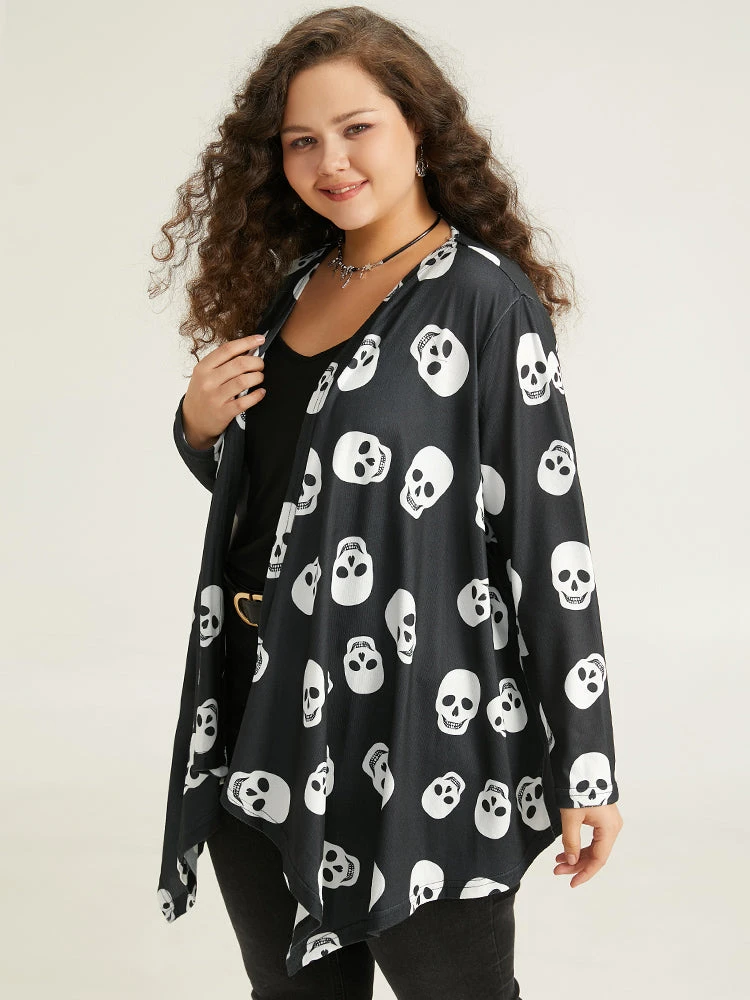 Halloween Skull Print Open Front Hanky Hem Kimono 5 Halloween Skull Print Open Front Hanky Hem Kimono - Image 3