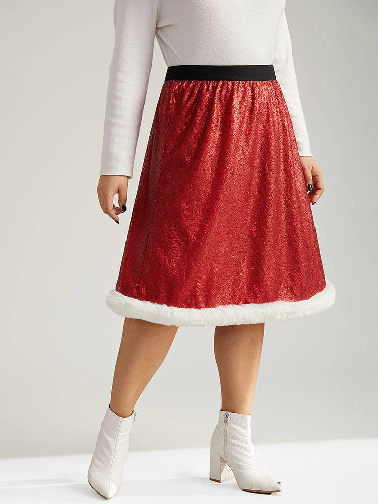 Christmas Sequin Patchwork Fuzzy Trim Skirt 5 Christmas Sequin Patchwork Fuzzy Trim Skirt - Image 3