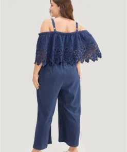 Plain Lace Trim Pocket Cold Shoulder Jumpsuit -Clothing Shop 235545209 ss