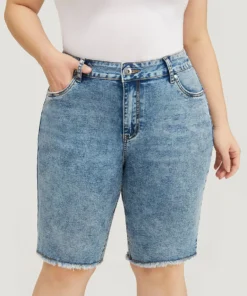 Skinny Moderately Stretchy Dark Wash Raw Hem Denim Shorts