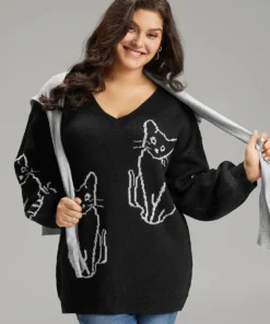 Supersoft Essentials Cat Print V Neck Pullover