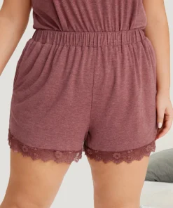 Solid Lace Panel Elastic Waist Sleep Shorts -Clothing Shop 236621062 ra