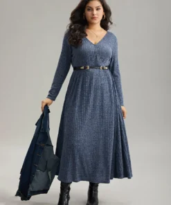 Solid Rib Knit Overlap Collar Pocket Dress