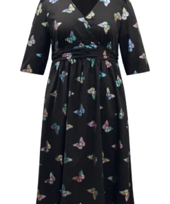 Butterfly Glitter V Neck Ruched Dress -Clothing Shop 237225262 yc