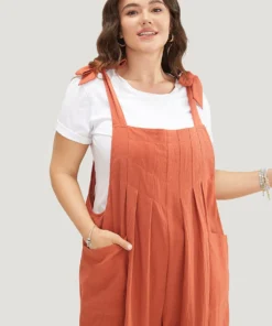 Solid Pleated Detail Pocket Knotted Shoulder Overall Jumpsuit -Clothing Shop 237752459 na