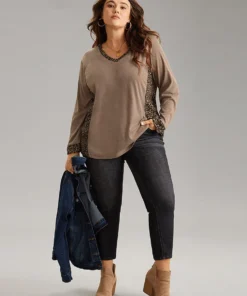 Leopard Patchwork V Neck Raglan Sleeve T-shirt -Clothing Shop 238138470 af