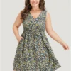 Ditsy Floral V Neck Pocket Gathered Sleeveless Dress