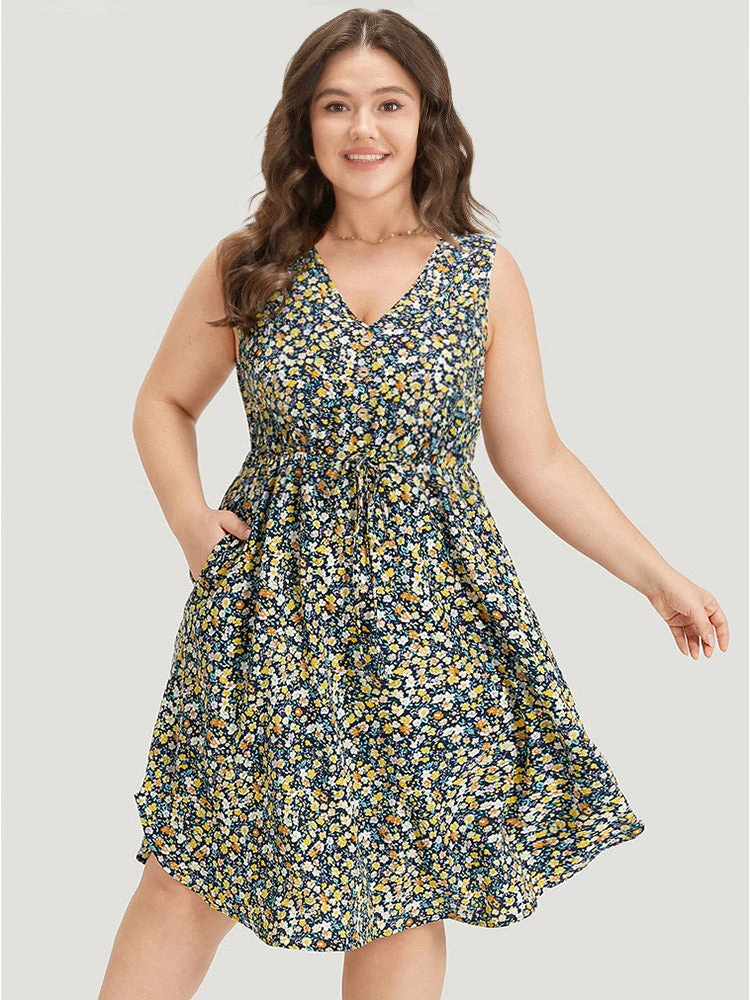 Ditsy Floral V Neck Pocket Gathered Sleeveless Dress 3 Ditsy Floral V Neck Pocket Gathered Sleeveless Dress