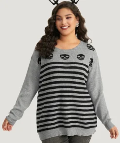 Halloween Supersoft Essentials Skull Print Striped Round Neck Pullover