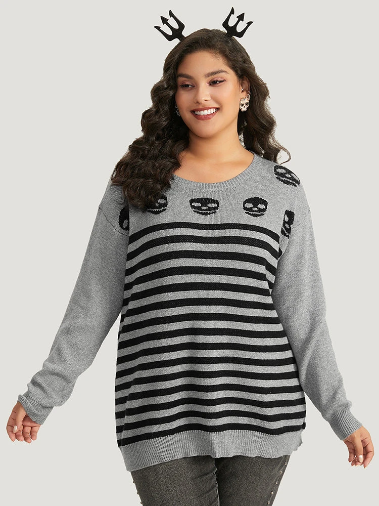 Halloween Supersoft Essentials Skull Print Striped Round Neck Pullover 3 Halloween Supersoft Essentials Skull Print Striped Round Neck Pullover