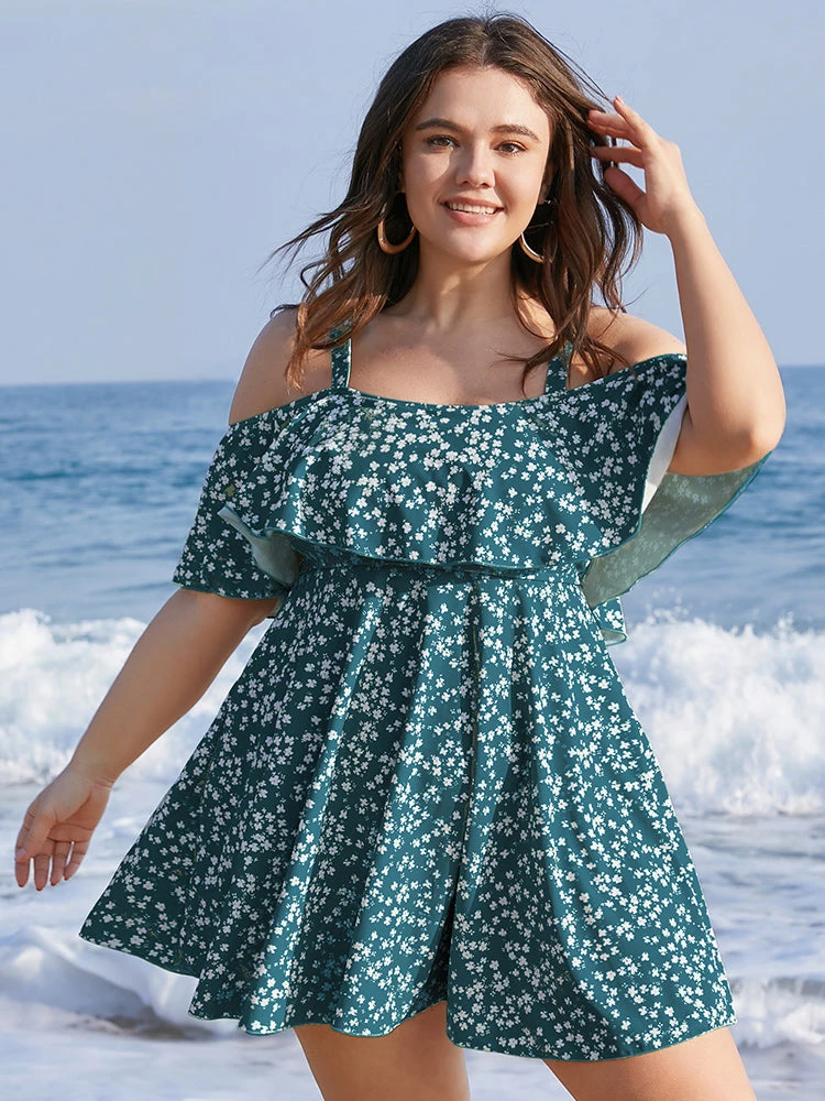 Ditsy Floral Cold Shoulder Sculpt Waist Ruffles Swim Dress 15 Ditsy Floral Cold Shoulder Sculpt Waist Ruffles Swim Dress - Image 13