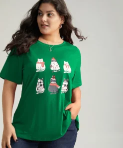 Christmas Cat Print Round Neck T-shirt -Clothing Shop 240045065 bi
