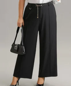 Static-Free Elastic Waist Chain Belted Pleated Pants