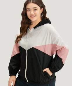 Colorblock Contrast Zipper Pocket Hooded Jacket -Clothing Shop 240630411 ey