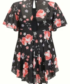 Floral Mesh Ruffle Sleeve Cut Out Adjustable Straps Swim Dress -Clothing Shop 240774311 uj