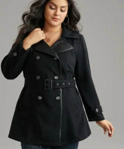 PU Leather Patchwork Lapel Collar Double Breasted Belted Coat