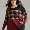 Plaid Contrast Patchwork Round Neck T-shirt 2 Plaid Contrast Patchwork Round Neck T-shirt -Clothing Shop 241413603 ew