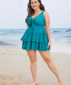 Ruched Ruffle Tiered Knot Front Swim Dress -Clothing Shop 241635407 hi