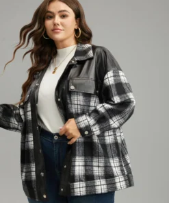 Plaid Patchwork Contrast Button Up Shacket -Clothing Shop 241889718 xg