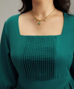 Anti-Wrinkle Square Neck Pleated Gathered Dress -Clothing Shop 242759803 sg