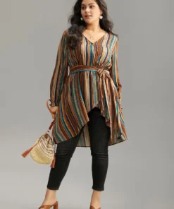 Striped Overlap Collar Arc Hem Belted Blouse -Clothing Shop 242832913 sh ad14018b 1fd8 4522 9fae a528bef611f6