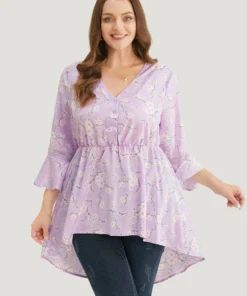 Floral Bell Sleeve Button Through High Low Hem Blouse -Clothing Shop 244234308 ui 027548d5 8a3a 4645 ae86 5e5ca7d25d5f