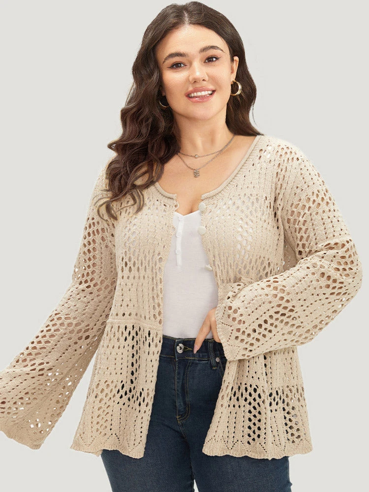 Plain Hollow Out Button Through Bell Sleeve Cardigan 6 Plain Hollow Out Button Through Bell Sleeve Cardigan - Image 4