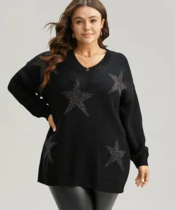 V Neck Plain Star Luxe Pullover