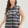 Plaid Flap Pocket Button Up Sleeveless Jacket -Clothing Shop 24479918 th