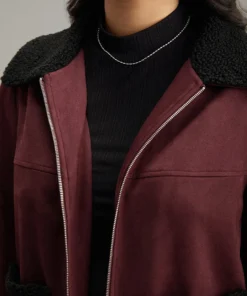 Fuzzy Trim Patched Pocket Zipper Jacket -Clothing Shop 245171192 wi