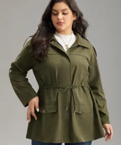 Solid Zipper Drawstring Tab Sleeve Trench Coat -Clothing Shop 245502602 xd