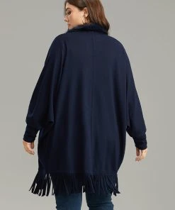 Plain Fringe Hem Fuzzy Trim Kimono -Clothing Shop 245954142 ta