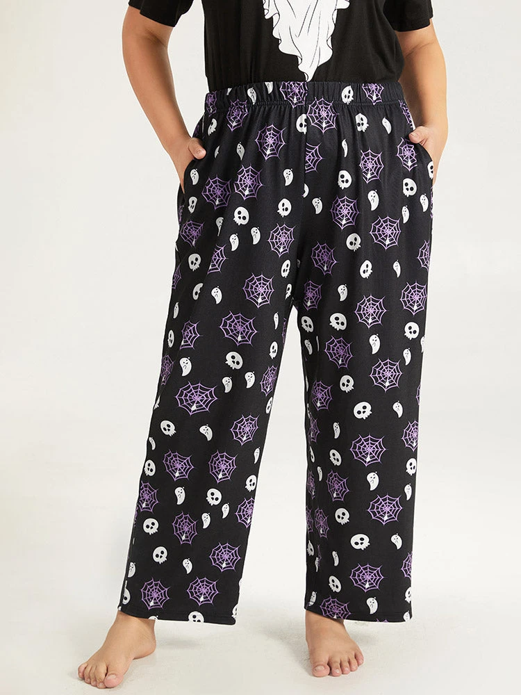 Halloween Skull & Spider Web Print Pocket Sleep Pants 3 Halloween Skull & Spider Web Print Pocket Sleep Pants