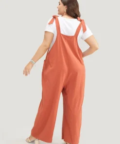 Solid Pleated Detail Pocket Knotted Shoulder Overall Jumpsuit -Clothing Shop 24609226 wa