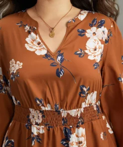 Floral Print Notched Shirred Elastic Cuffs Dress 21 Floral Print Notched Shirred Elastic Cuffs Dress -Clothing Shop 246777833 bs