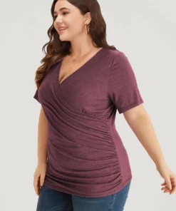 Solid Heather Overlap Collar Gathered T-shirt 35 Solid Heather Overlap Collar Gathered T-shirt -Clothing Shop 247009223 ze