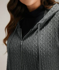 Plain Textured Zipper Hooded Sweatshirt -Clothing Shop 247581832 sb