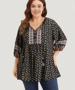 Bandana Print Lantern Sleeve Tassels Tie Neck Blouse -Clothing Shop 248640034 ol