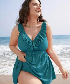 Ruffle Trim Adjustable Straps Gathered Sculpt Waist Swim Dress -Clothing Shop 24932657 jr