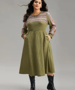 Boho Print Striped Patchwork Waffle Knit Dress