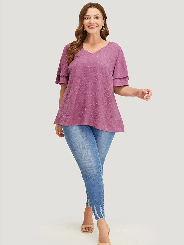 Plain Ruffle Tiered Sleeve V Neck Polka Dot Blouse 6 Plain Ruffle Tiered Sleeve V Neck Polka Dot Blouse - Image 4