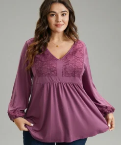 Lace Patchwork Gathered Lantern Sleeve T-shirt -Clothing Shop 250200880 or