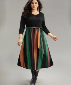 Striped Contrast Patchwork Belted Dress -Clothing Shop 250675043 va add40e61 3c1e 4965 a01a 9cc5efad876e