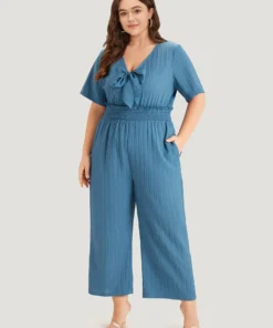 Textured Bowknot V Neck Shirred Pocket Jumpsuit -Clothing Shop 25085830 wx