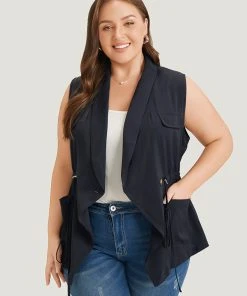 Anti-Wrinkle Plain Pocket Drawstring Lapel Collar Vest