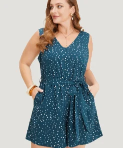 Polka Dot V Neck Pocket Sleeveless Belted Romper