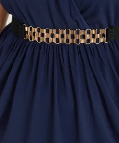 Plain Wrap Gathered Curved Hem Metal Detail Belted Dress -Clothing Shop 252240199 vc