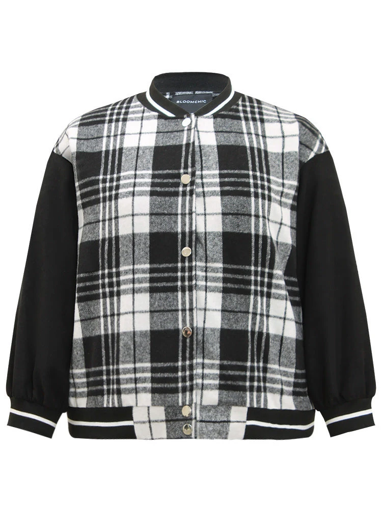 Plaid Button Through Pocket Baseball Collar Bomber Jacket 11 Plaid Button Through Pocket Baseball Collar Bomber Jacket - Image 9