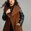 Contrast PU Leather Lapel Collar Pocket Button Up Coat -Clothing Shop 253135021 zp