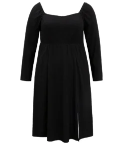 Rib Knit Split Side Square Neck Dress -Clothing Shop 253137668 rg
